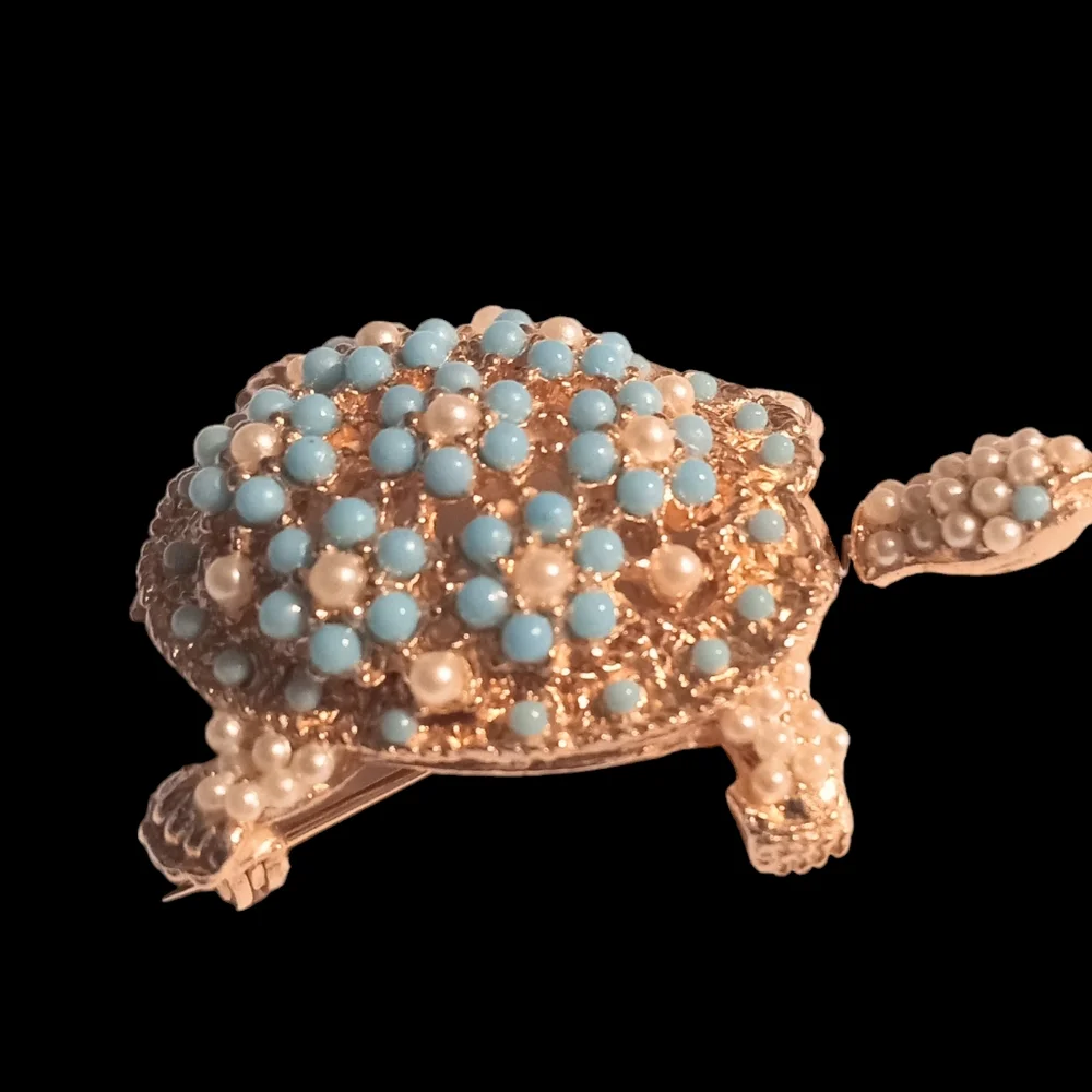 VINTAGE RARE CINER UNSIGNED TURTLE BROOCH PIN TURQUOISE FLOWERS - Picture 2 of 5
